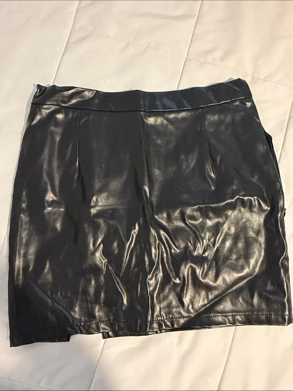 Black Faux Leather Mini Skirt with Front Slit - Women